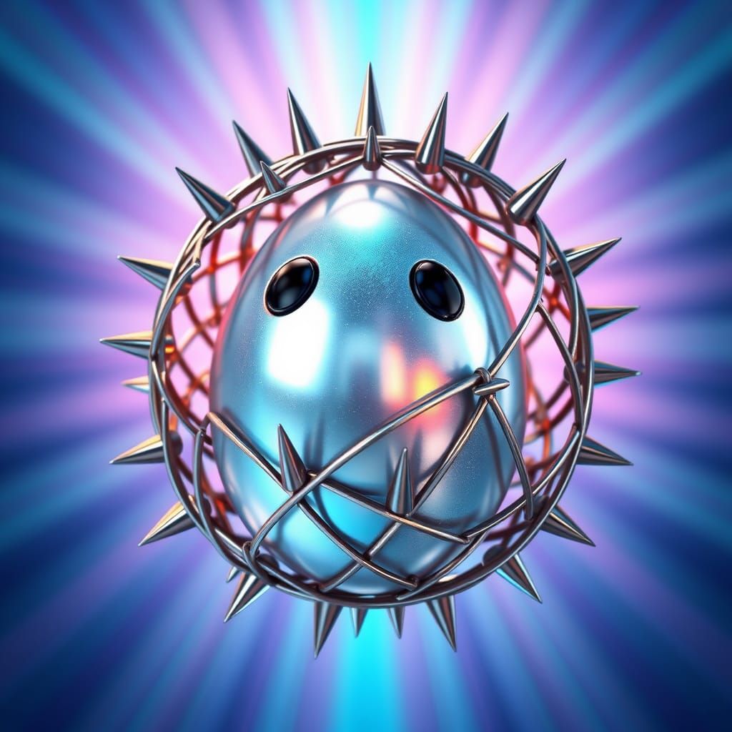 Gleaming, Iridescent Egg in Latticework of Metallic Spears
