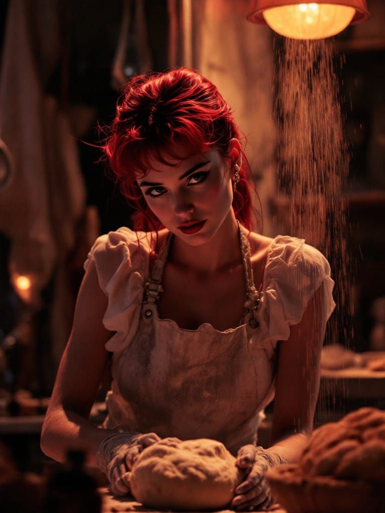 Redhead Baker in Noir Kitchen with Neon Glow