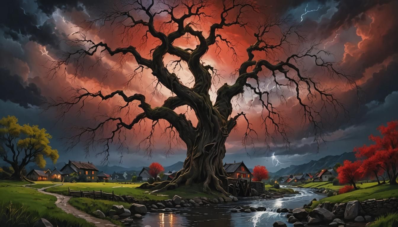 Dramatic Storm Clouds Over Watermill Landscape