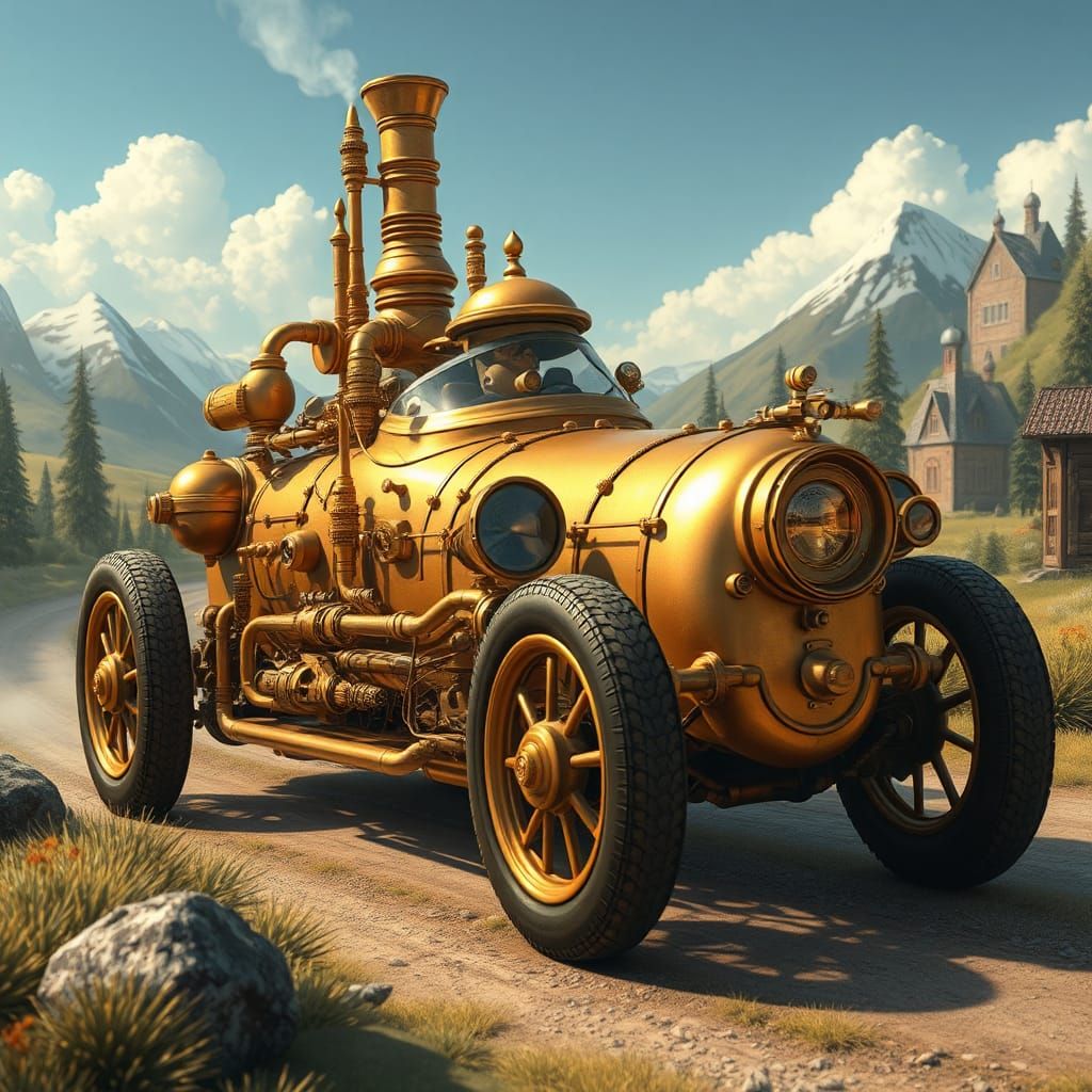 Gold Racecar in Dreamlike Norwegian Landscape