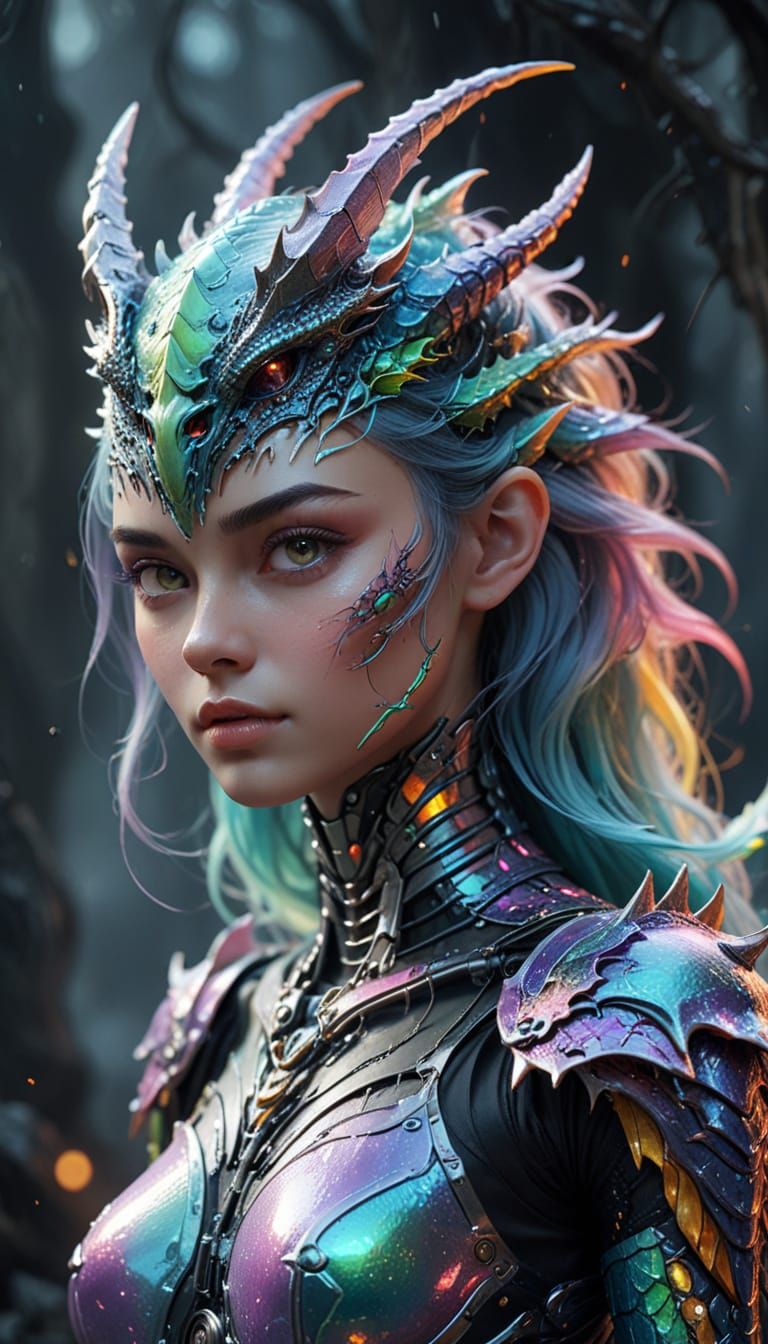 Cyberpunk Fantasy Girl with Dragon Wings and Robot Skeleton