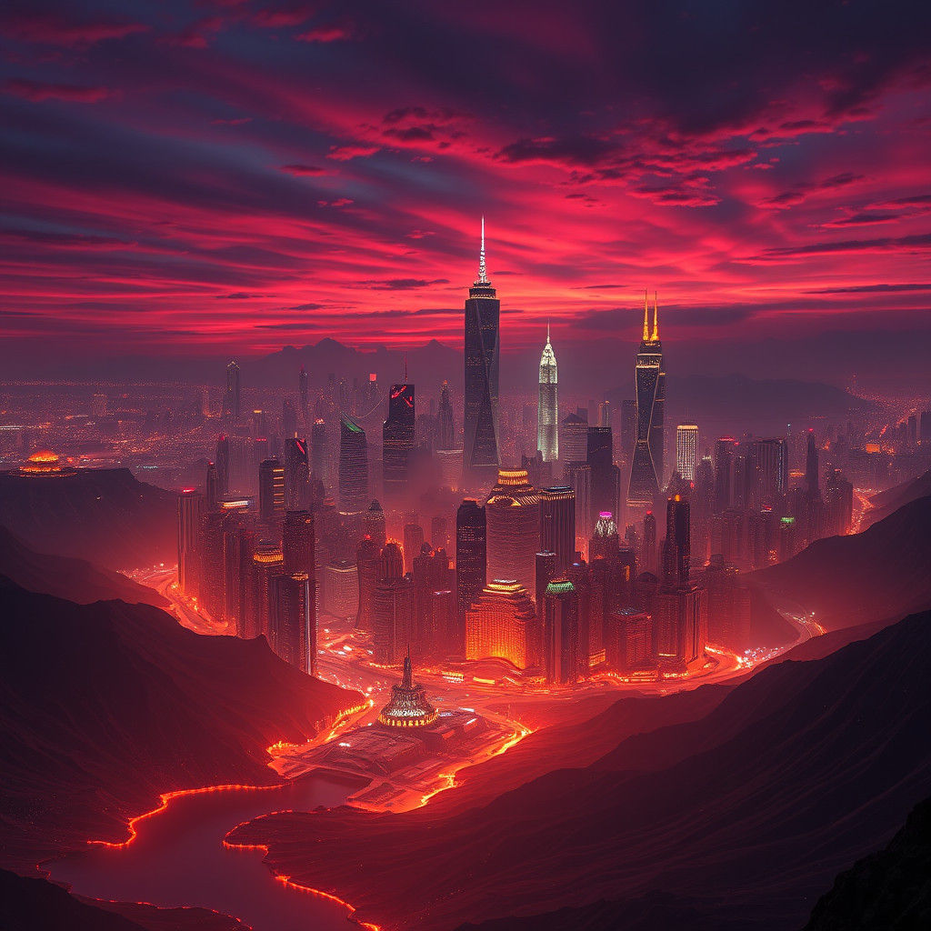 Metropolis on a Caldera at Dusk in Dramatic Style