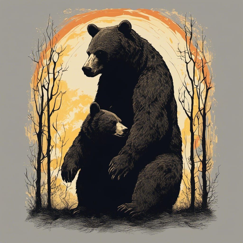 Giant Bear Hugging Witch in Noir Style