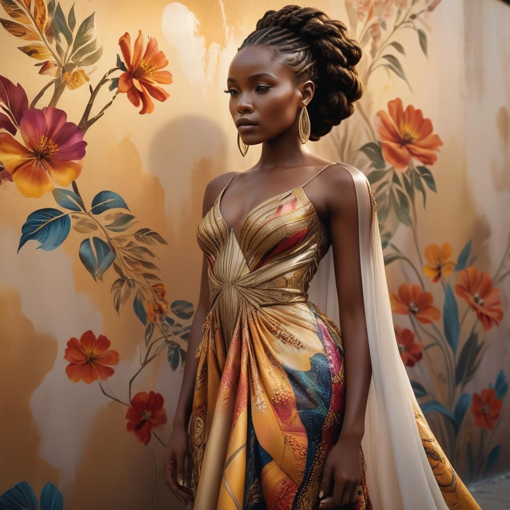 African Woman in Couture Gown: Hyper-Realistic Impressionism