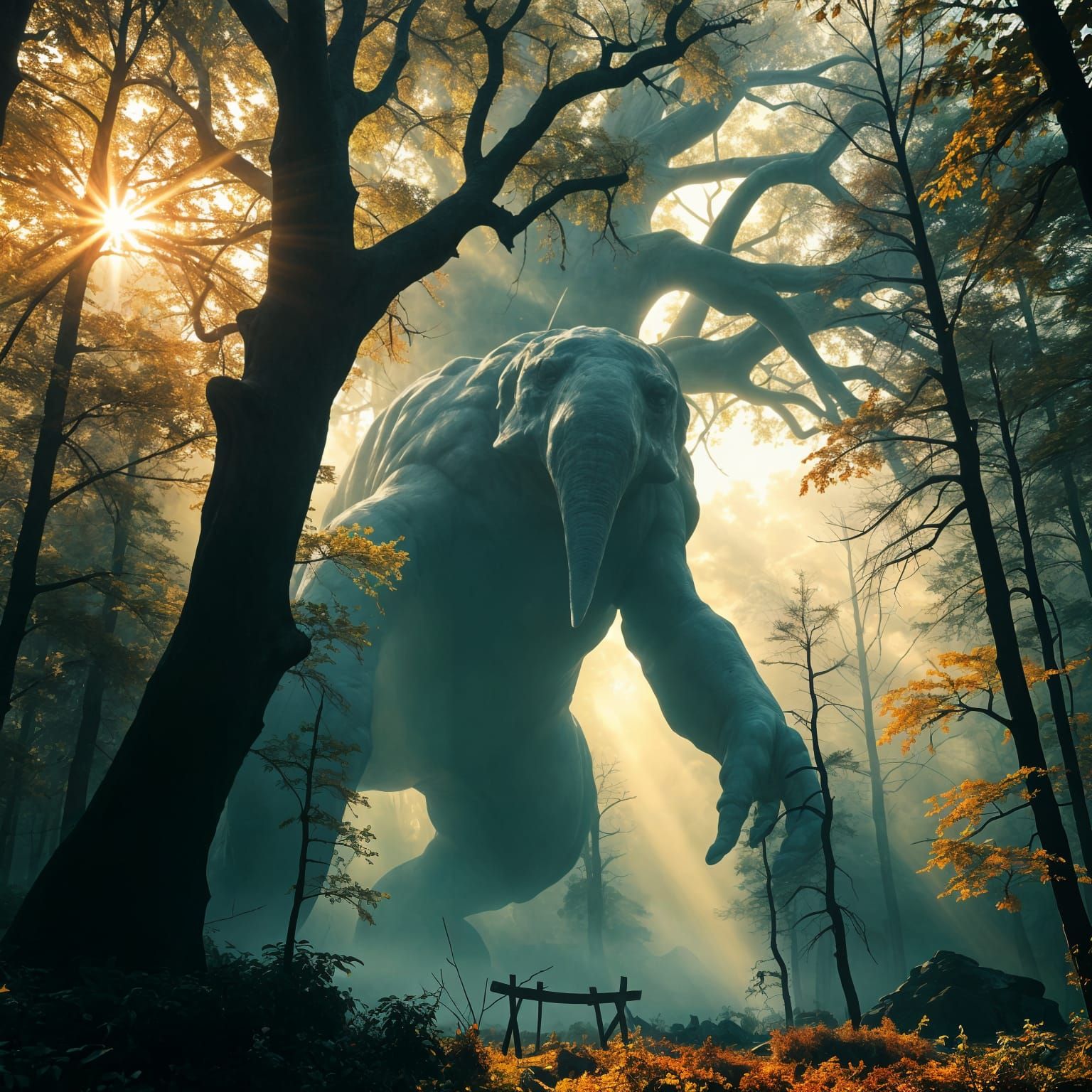Monstrous Behemoth Emerges from Treetops in a Dark Forest
