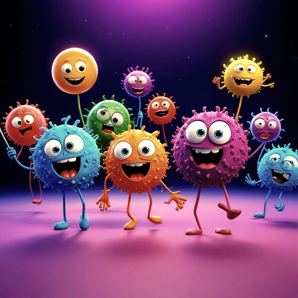 Cute Bacteria Characters Dancing in Cartoon Style
