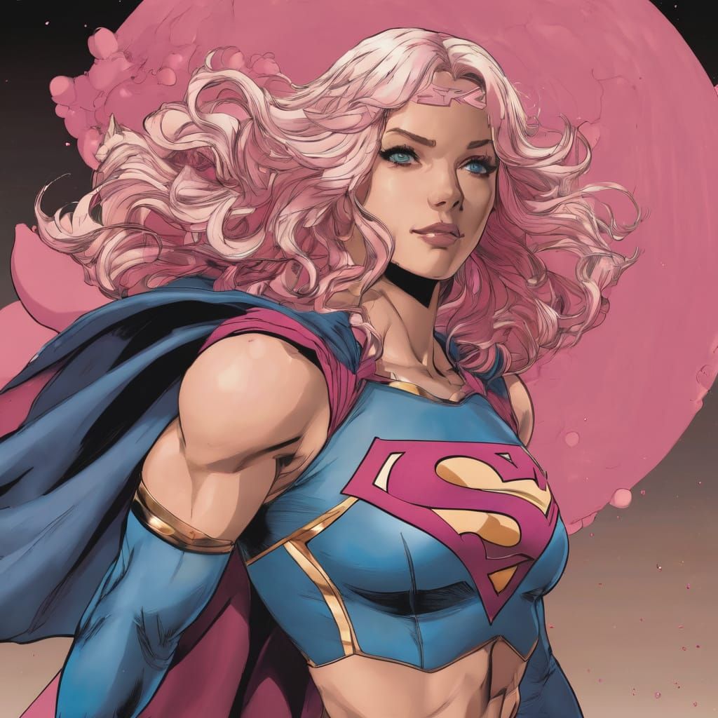 Supergirl in Vibrant Pink Avante-Garde Suit with Blue Eyes