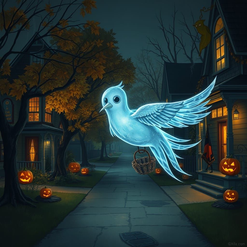 Ethereal Ghost Bird Trick-or-Treating in Spooky Autumn Stree...