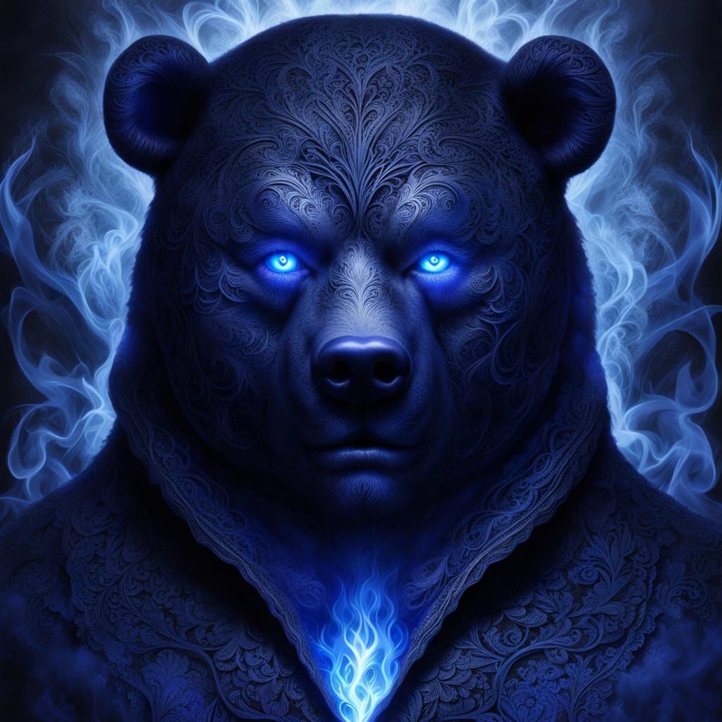 Cobalt Bear Portrait with Blue Smoke, Photorealistic