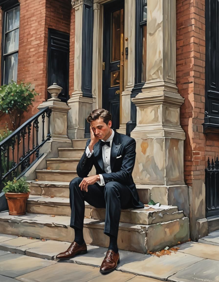 Gouache Painting: Man's Disappointment on Brownstone Stoop