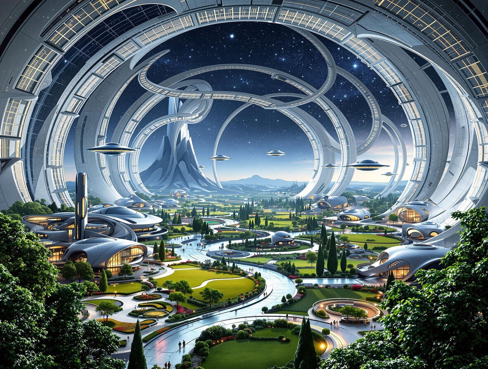 Utopian Space Colony Landscape in Futuristic Style