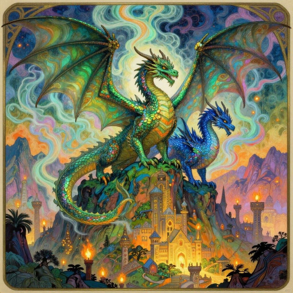 Fantasy Dragons Guarding Medieval Kingdom in Art Nouveau Sty...
