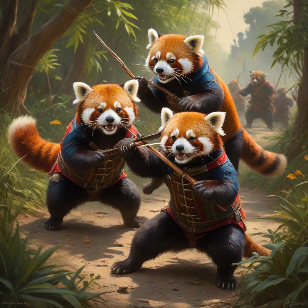 Red Pandas Battle Spanish Invaders in Impressionist Oil Pain...