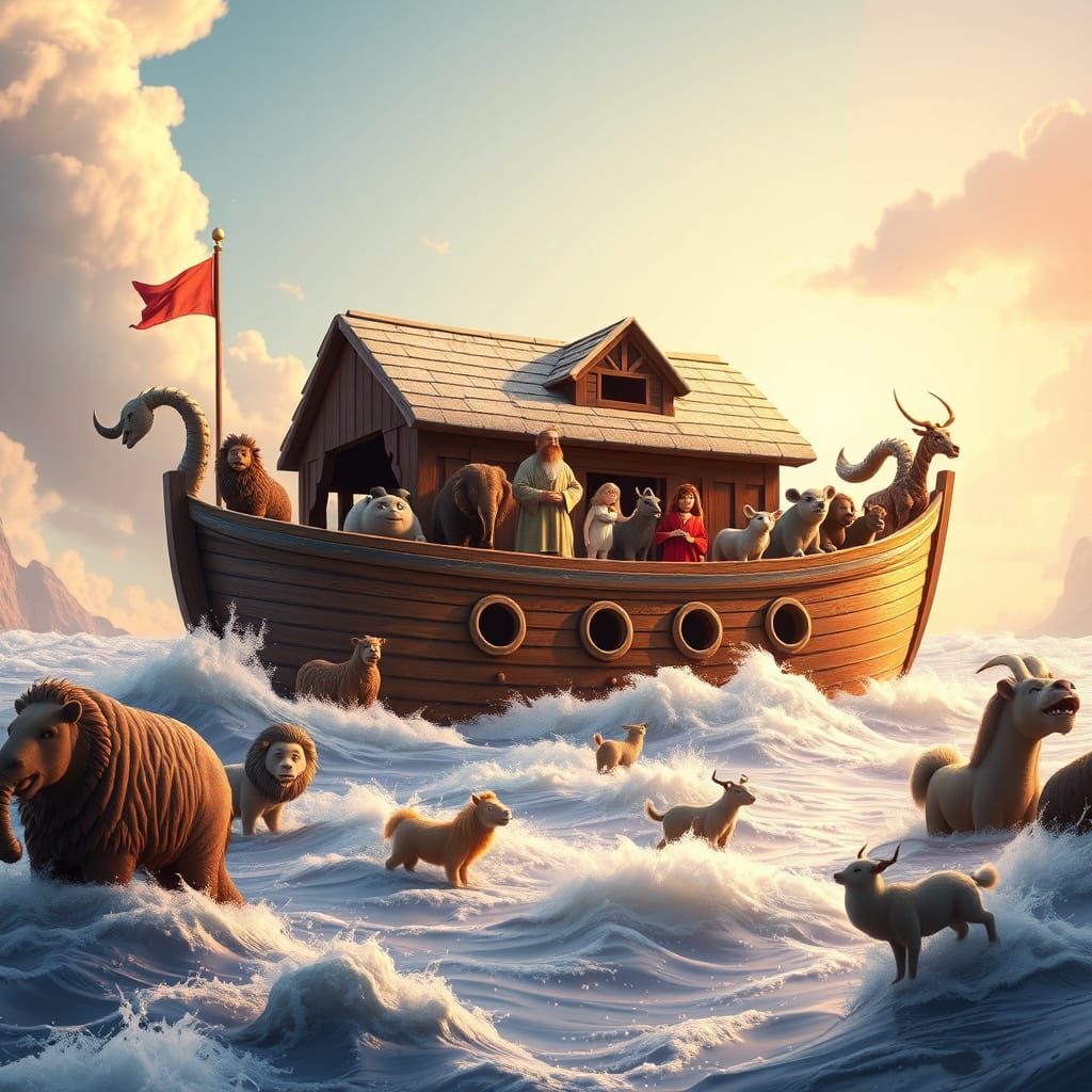 Noah's Ark Amidst the Great Flood: Impressionistic 3D Art