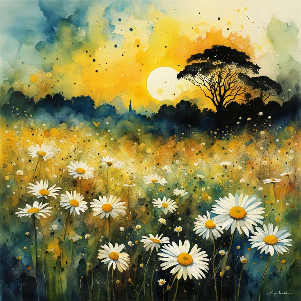 Daisy Field in Watercolor Art Style