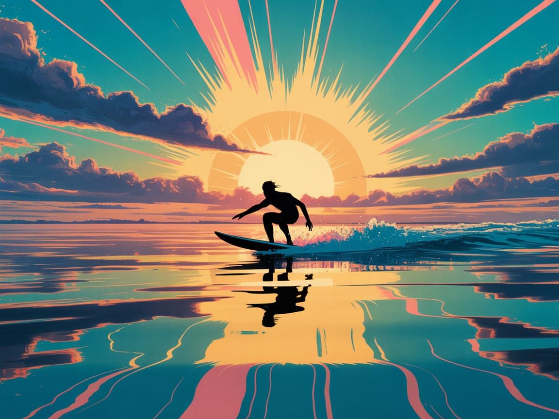 Synthwave Surfer Silhouette at Sunset
