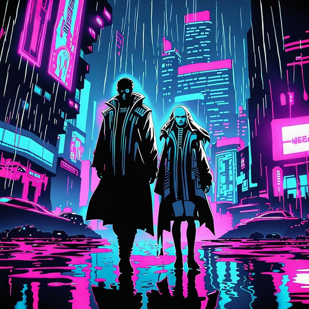Cyberpunk Elf Duo in Rainy Cityscape