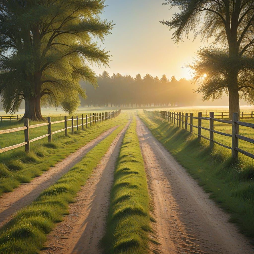 Idyllic Green Pasture at Sunrise in Oil Painting Style