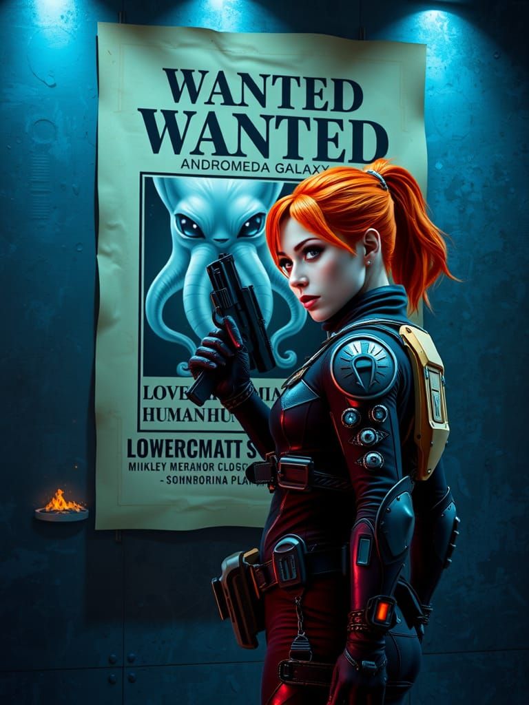 Interstellar Bounty Hunter Examining Wanted Poster