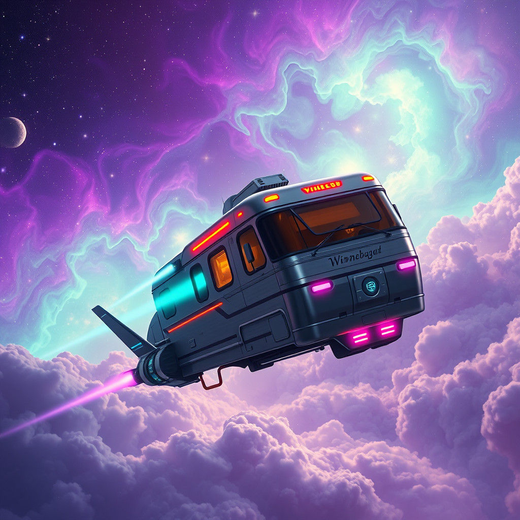 Winnebago Spaceship Soaring Through Nebula as Matte Painting