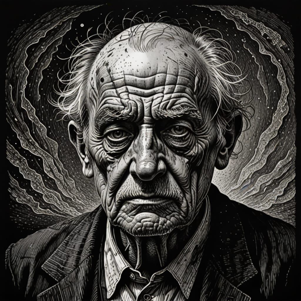 Surreal Ink Drawing of an Elderly Gentleman