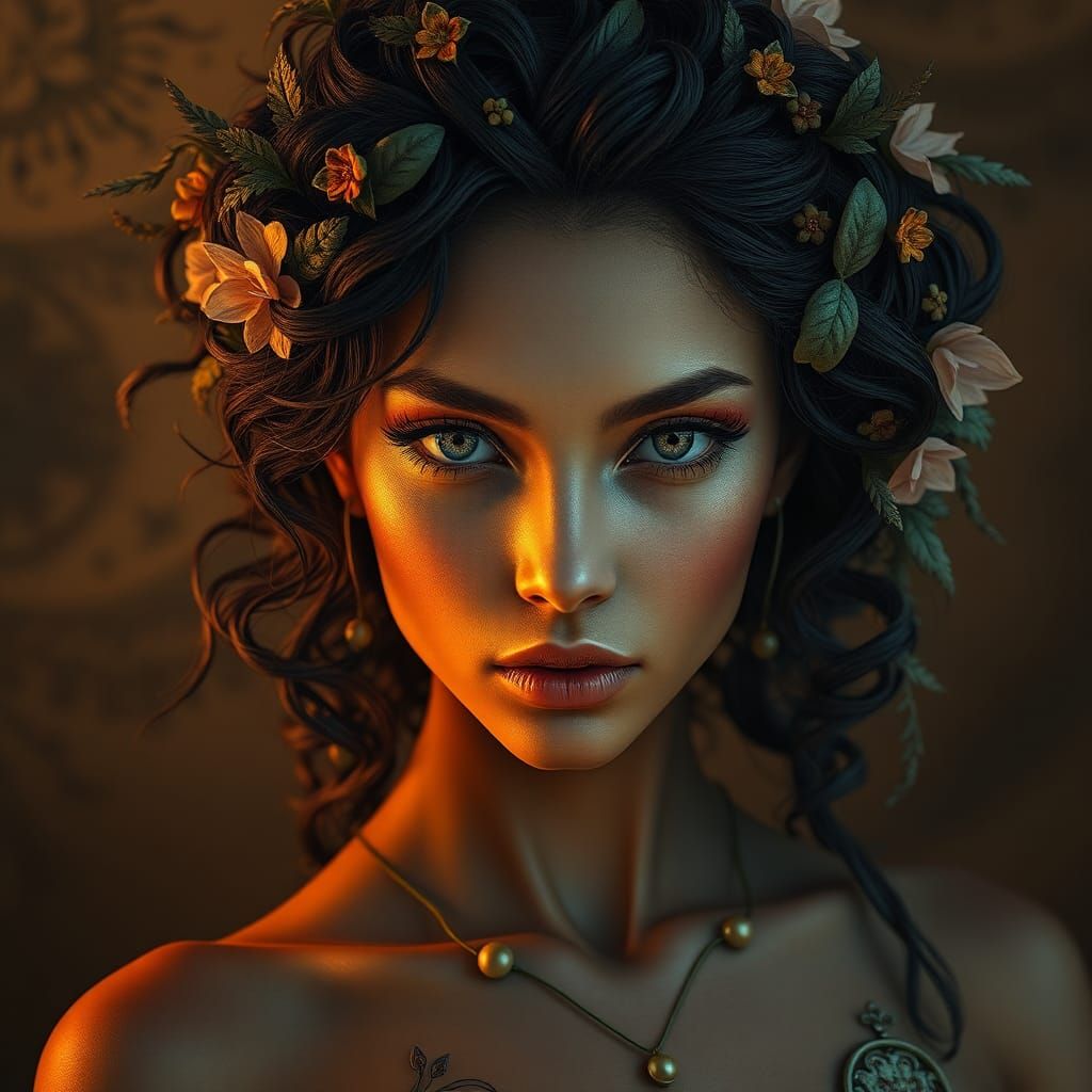 Ethereal Woman with Organic Elements: Art Nouveau Portrait