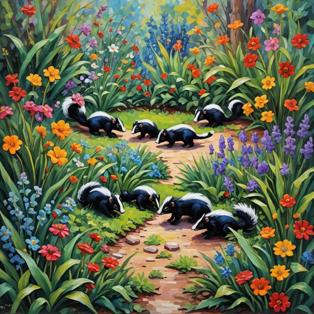 Baby Skunks in Garden: Expressionist Oil Painting