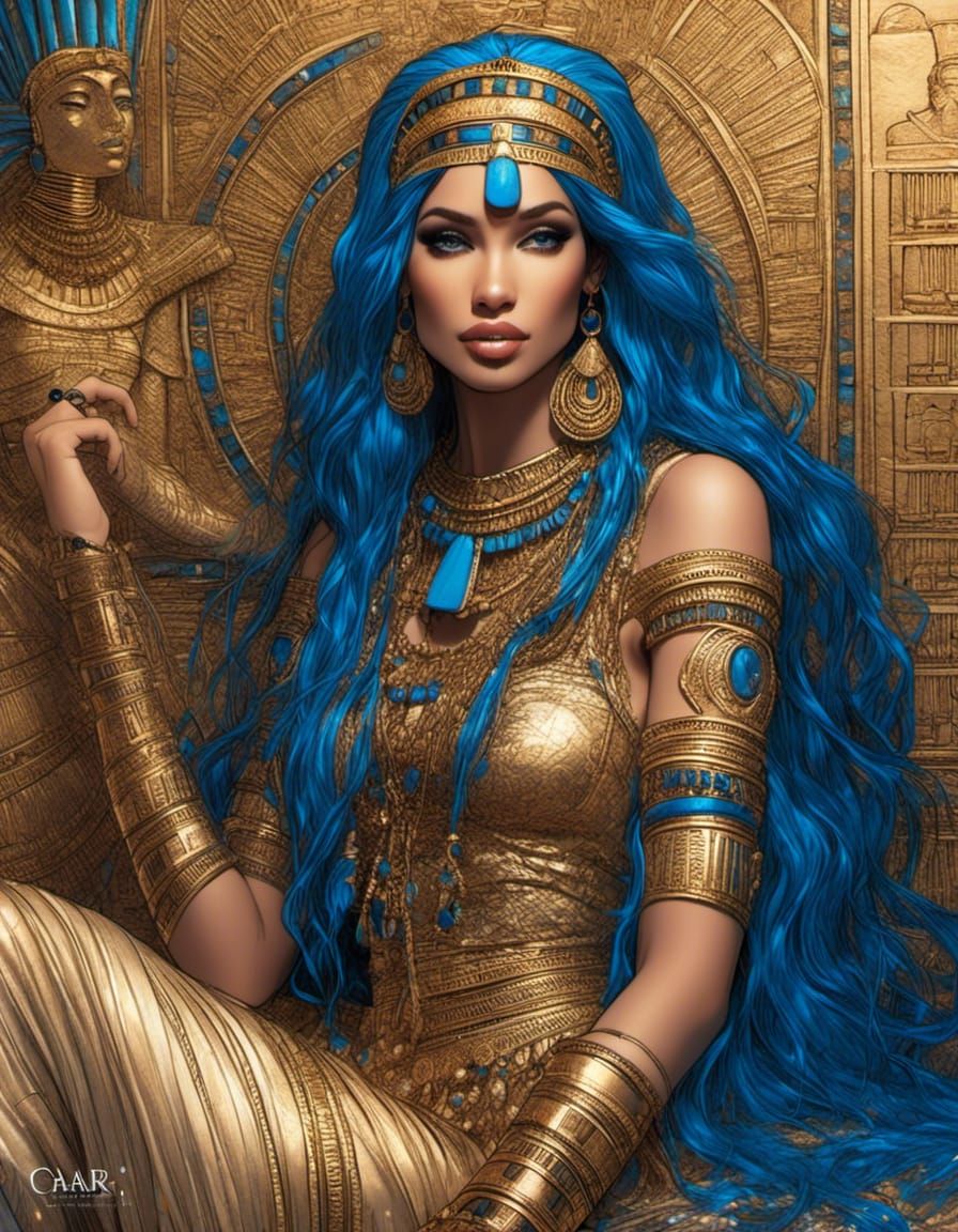 Cleopatra-Inspired Comic Art with Blue Hair