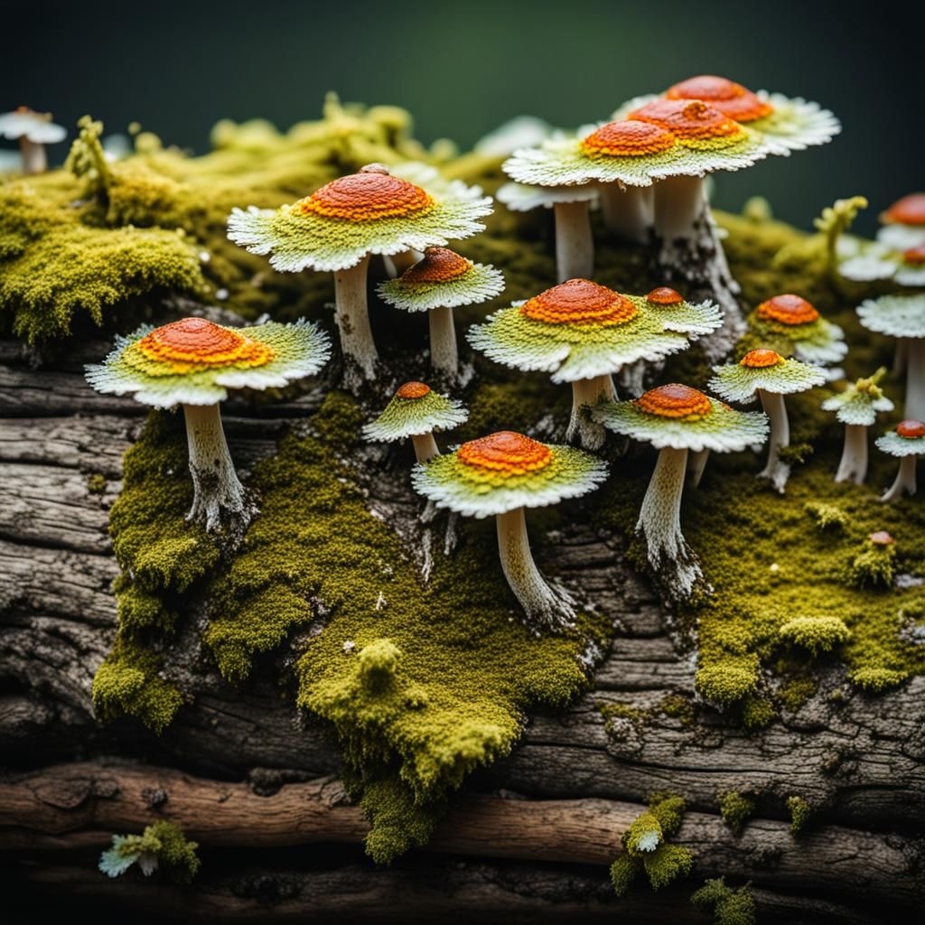 Macro Lichen and Moss Mushroom Log Still Life