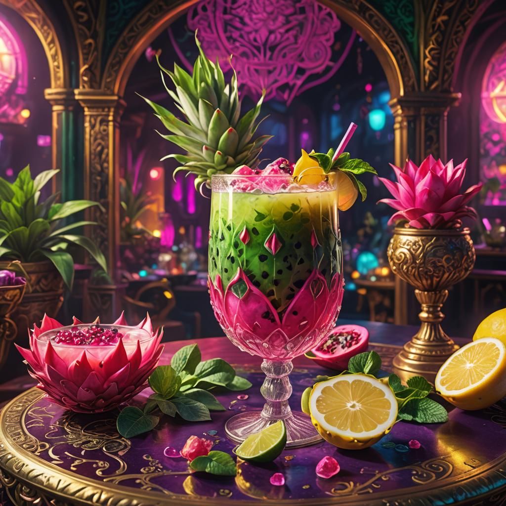 Dragonfruit Mocktail Fantasy Concept Art in Neon Colors