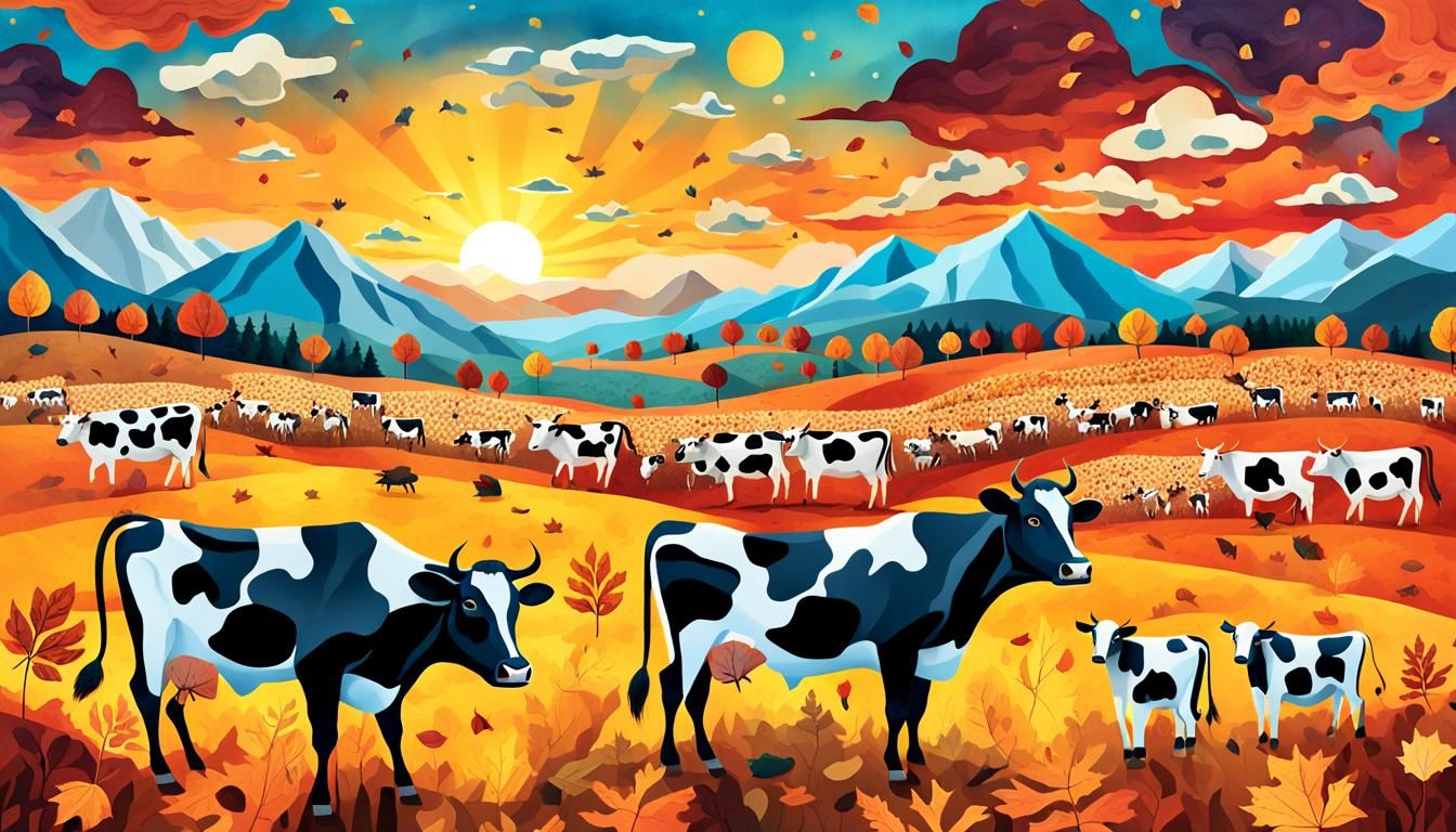 Glowing Cows in Fall Paper Collage Bio Art
