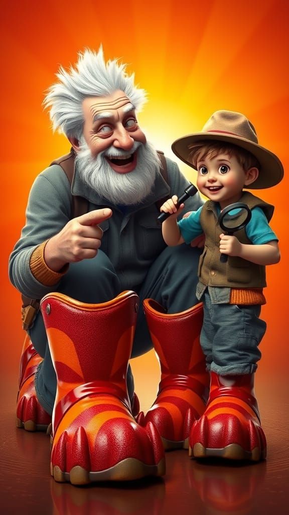 Jovial Grandfather Wears Dinosaur Boots with Giggling Boy