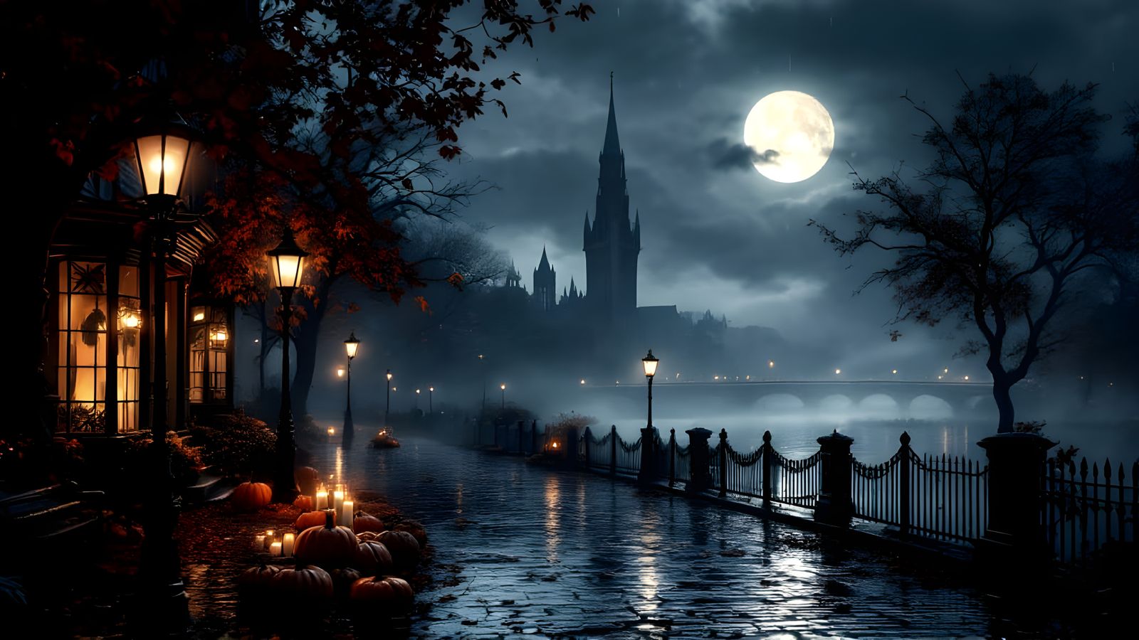 Romantic Gothic Street Scene in Victorian Era