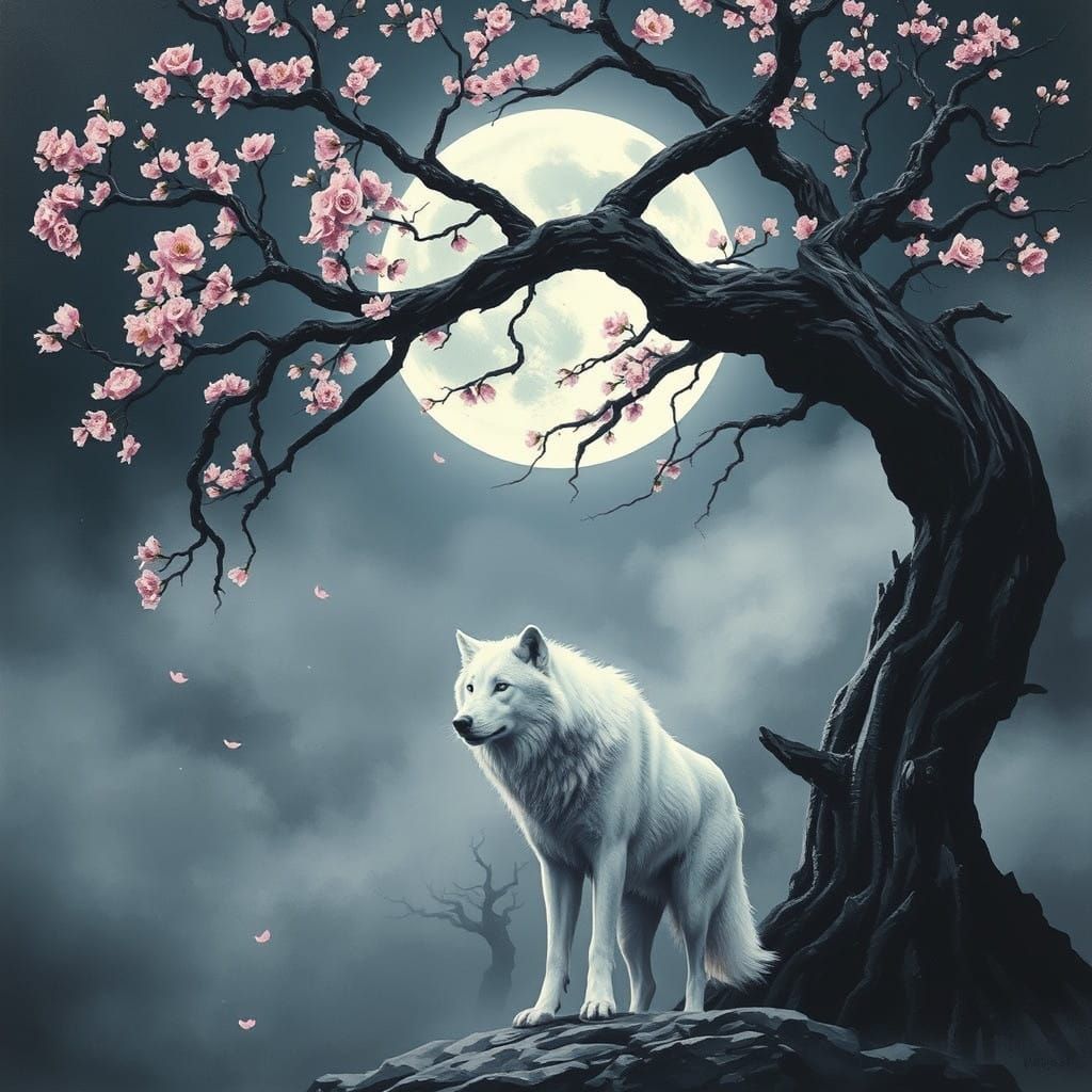 Majestic White Wolf Under Cherry Blossom Tree