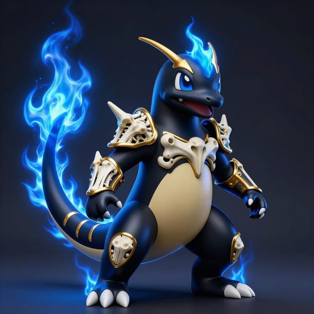 Black and Blue Charmander in Bone Armor with Golden Accents