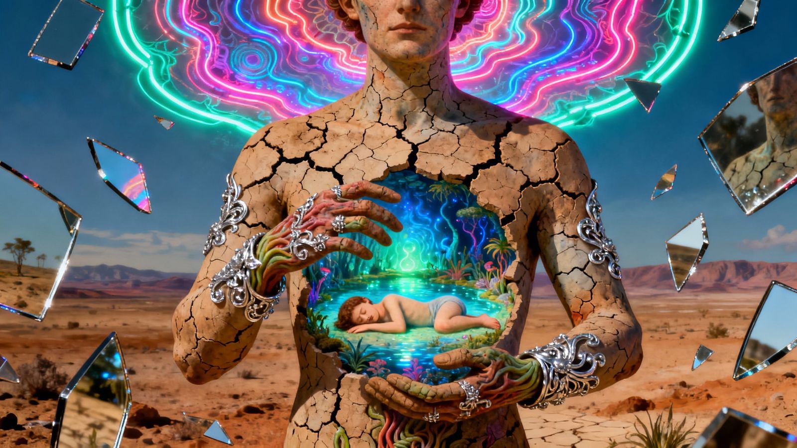 Figure Nurturing Inner Oasis Amidst Barren Landscape