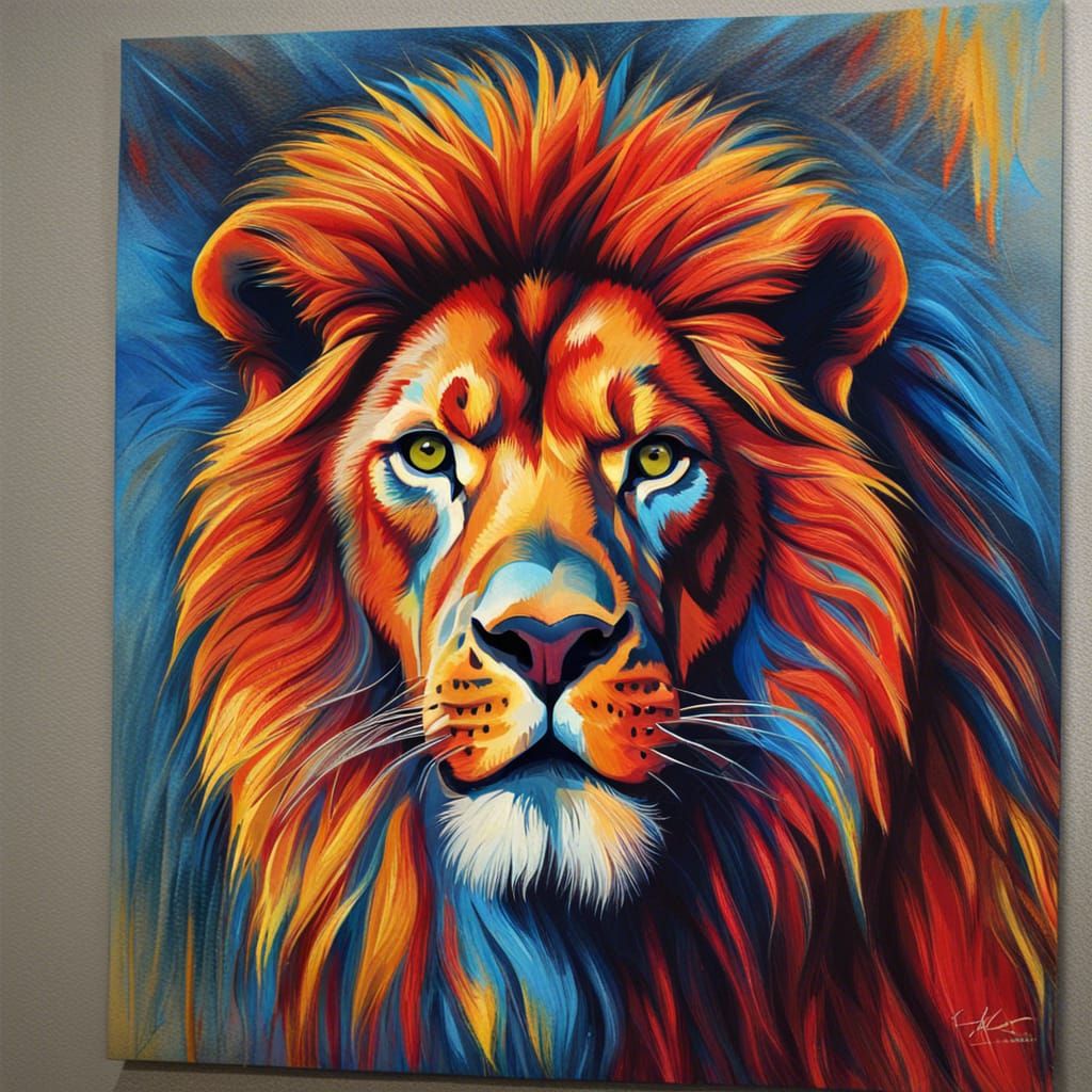 Detailed Lion in Red, Yellow, Silver, and Blue