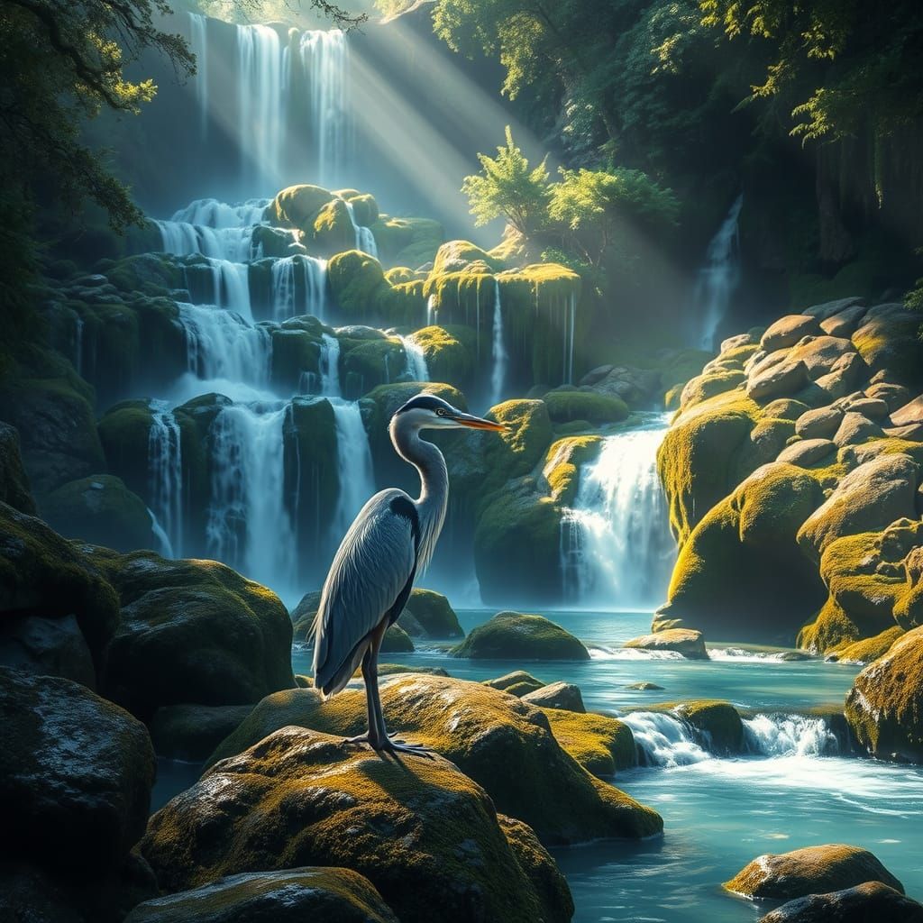 Blue Heron in a Lush Waterfall Pool