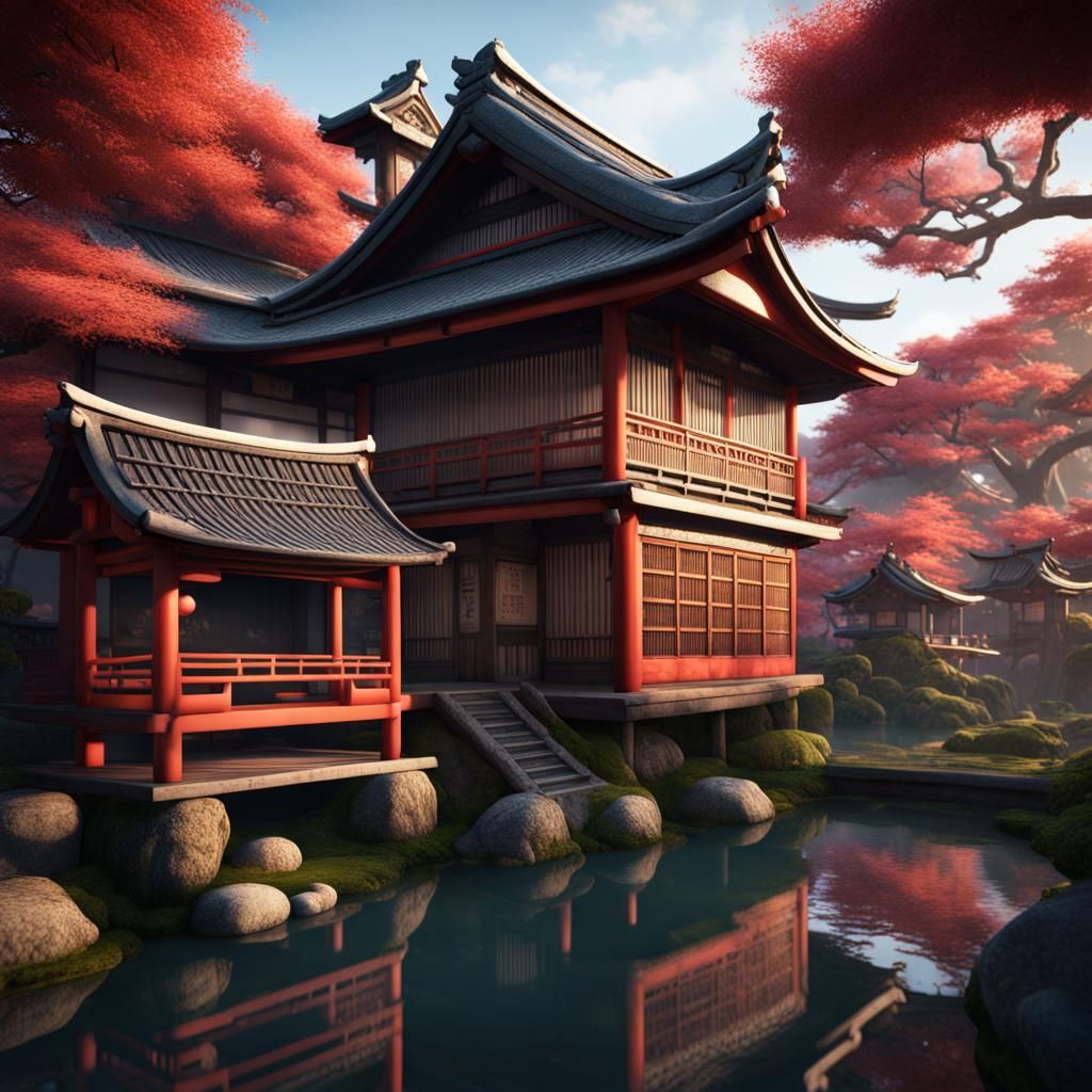 Japanese Tea House in Village: Matte Painting