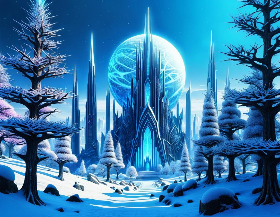 Snowy Alien Planet with Crystal City in Retrowave Style