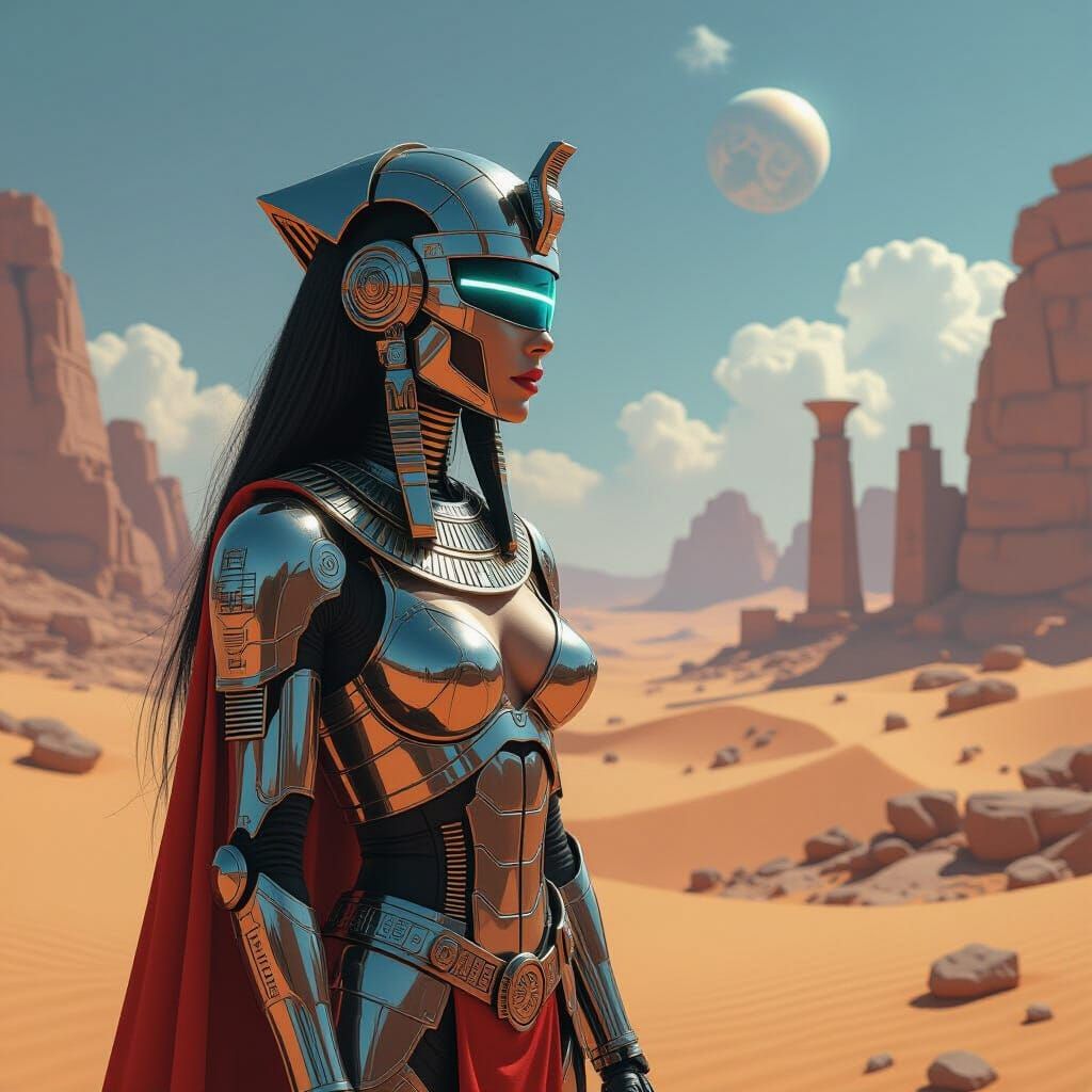 Futuristic Egyptian Cyborg Queen on Desert Planet