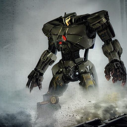 Epic Cyberpunk Jaeger Robot in Cityscape