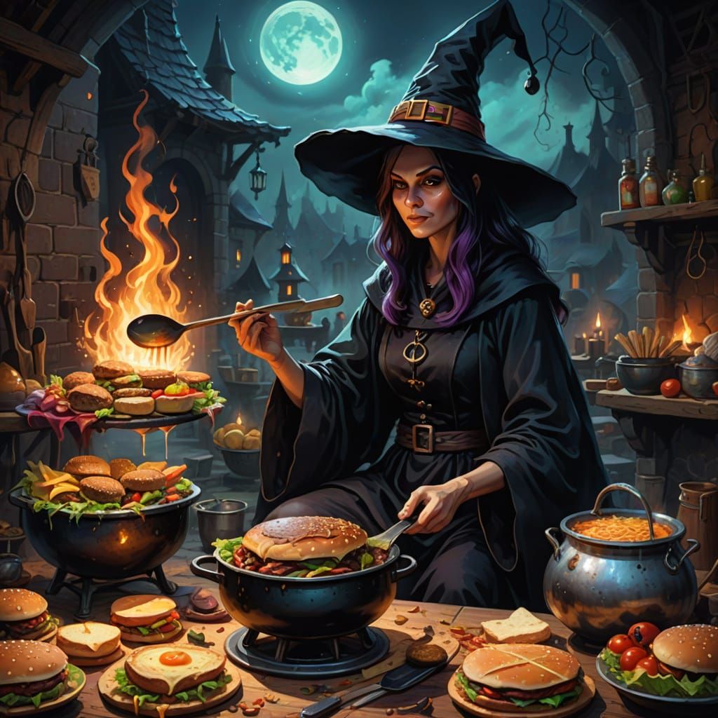 Witch Prepares Hamburger Feast in Fantasy Style