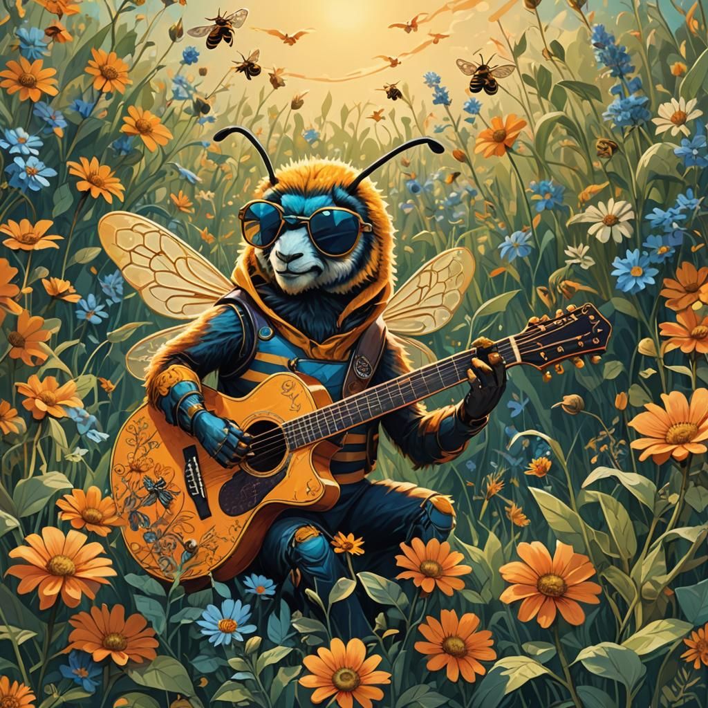 Bee Musician in Lush Meadow: Fantasy Concept Art