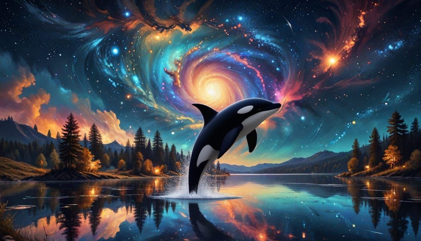 Majestic Killer Whale Leaps Under Starry Galaxy