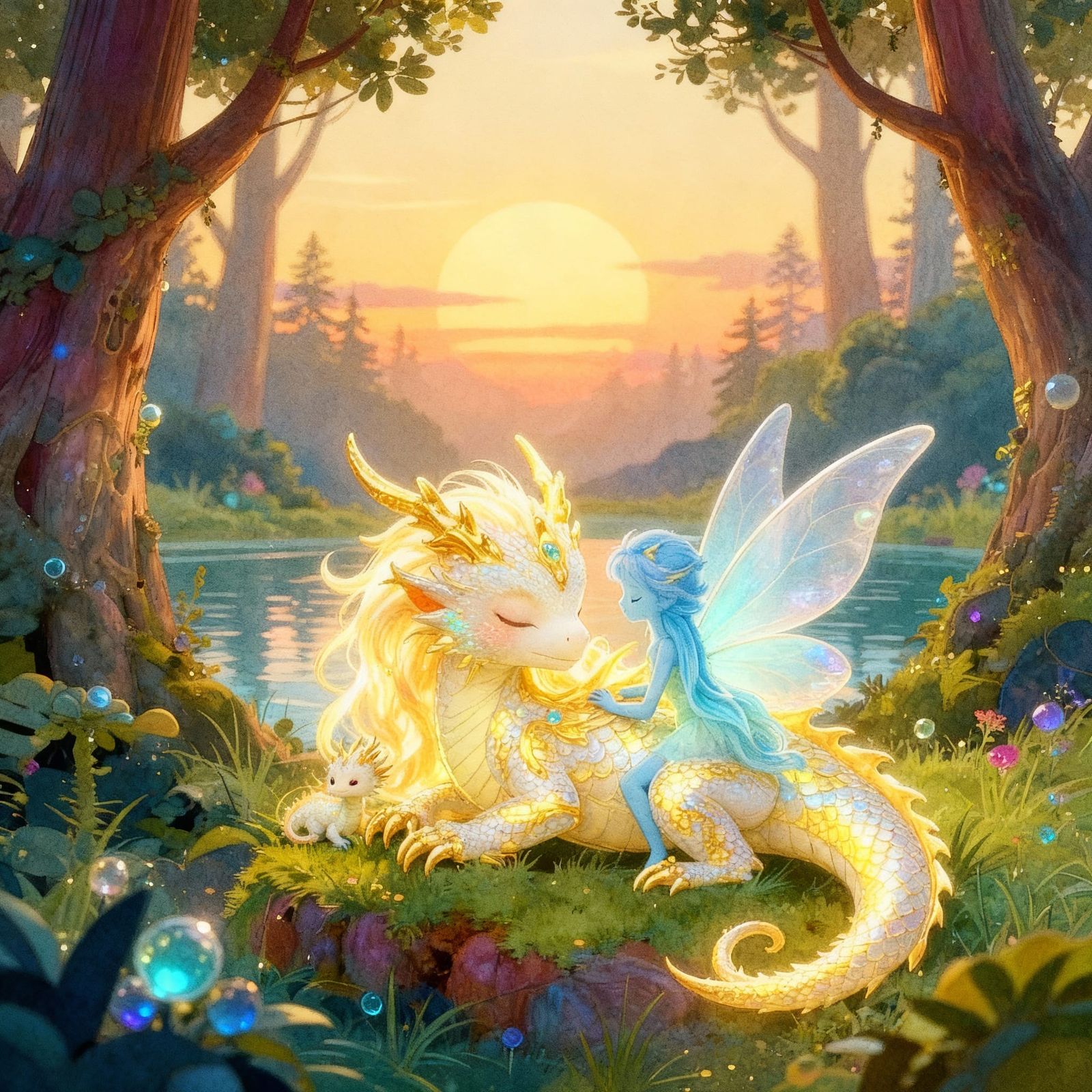 Baby Dragon and Fairy in Enchanted Forest