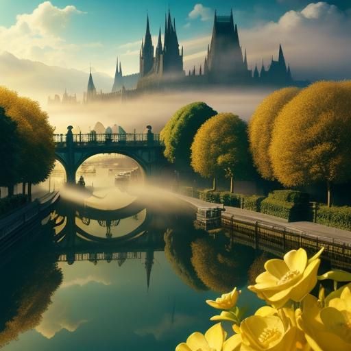 Golden Yellow Fantasy Landscape with God Rays