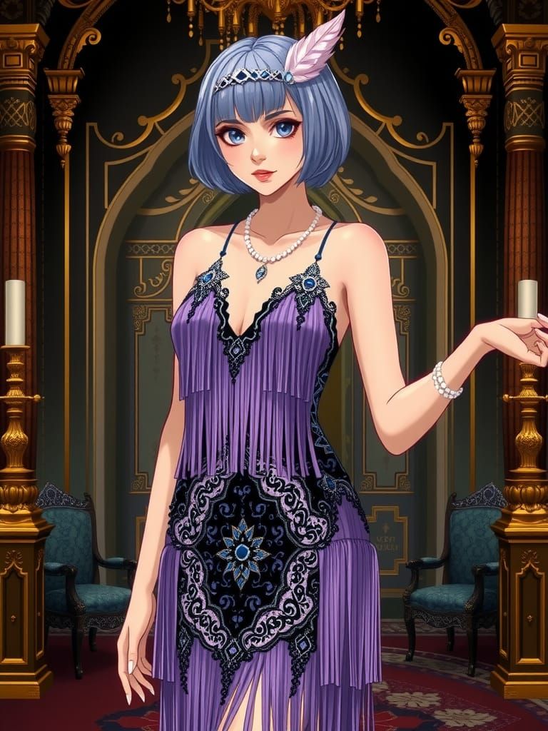 Art Deco Flapper in Lavender and Black, Anime Style