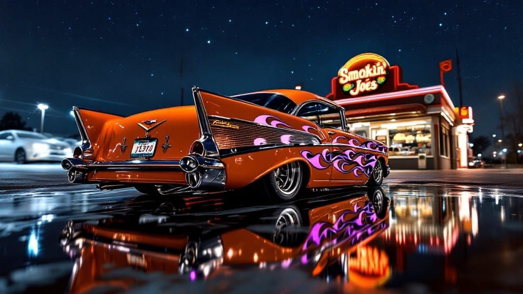 a realistic very closeup rear angled photo of an orange 1957...