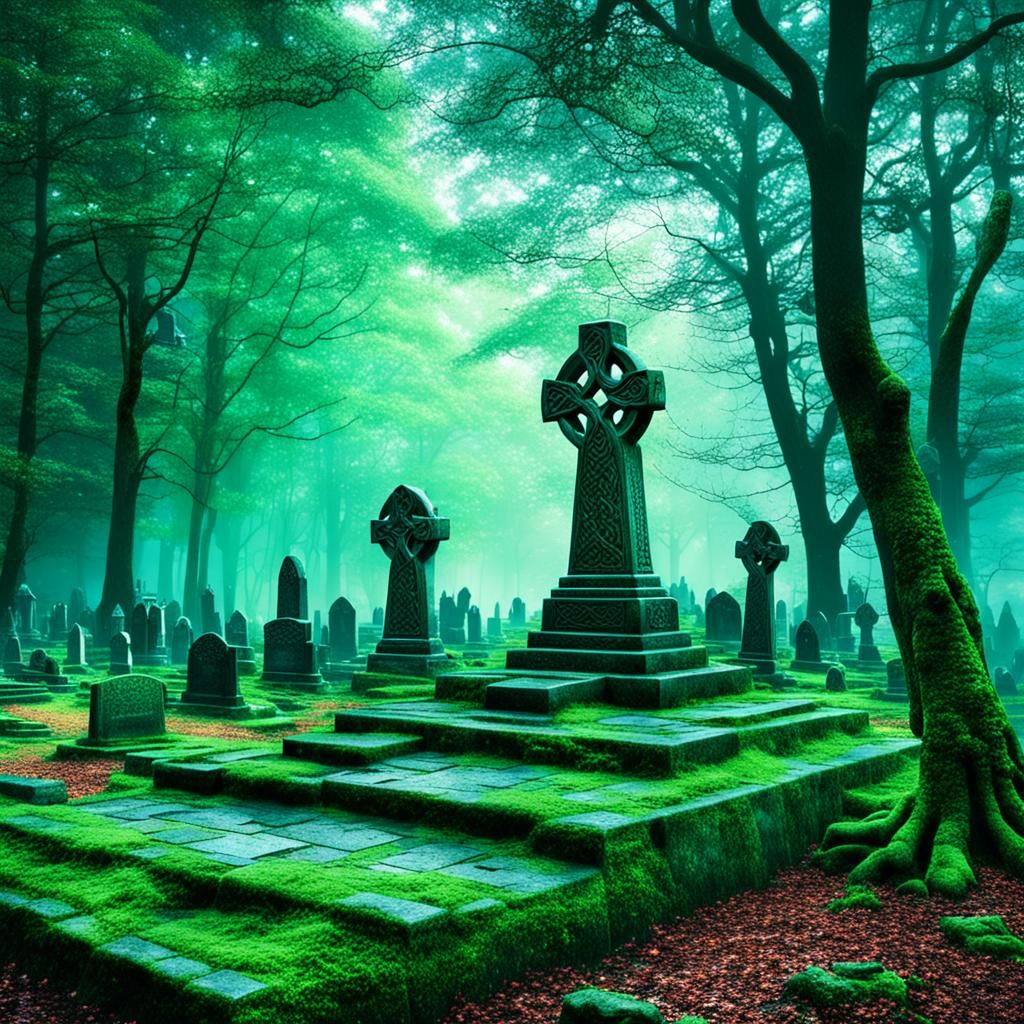 Celtic Cemetery in Magical Forest with Ethereal Mist